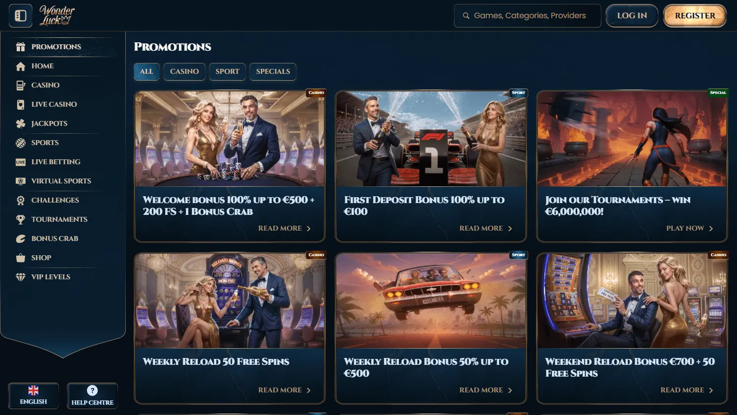 Wonderluck Casino promotions on desktop