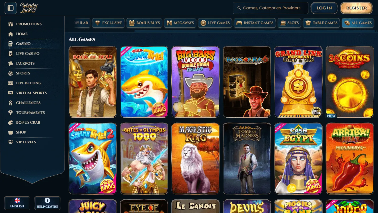 Wonderluck Casino game selection on desktop