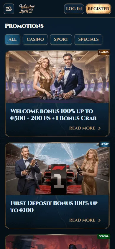 Wonderluck Casino promotions on a mobile browser