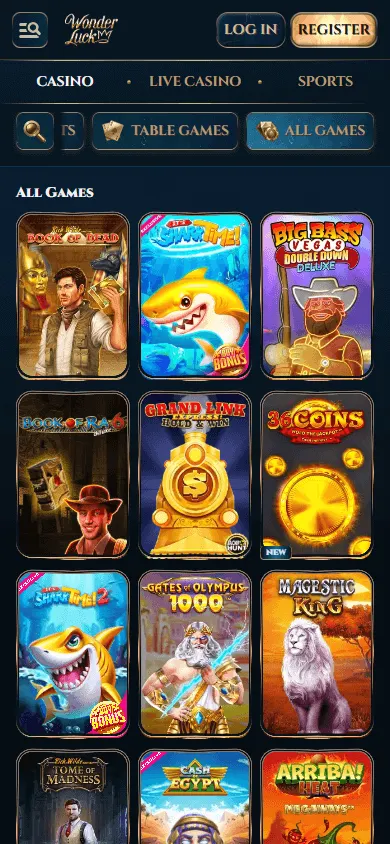 Wonderluck Casino games on a mobile browser